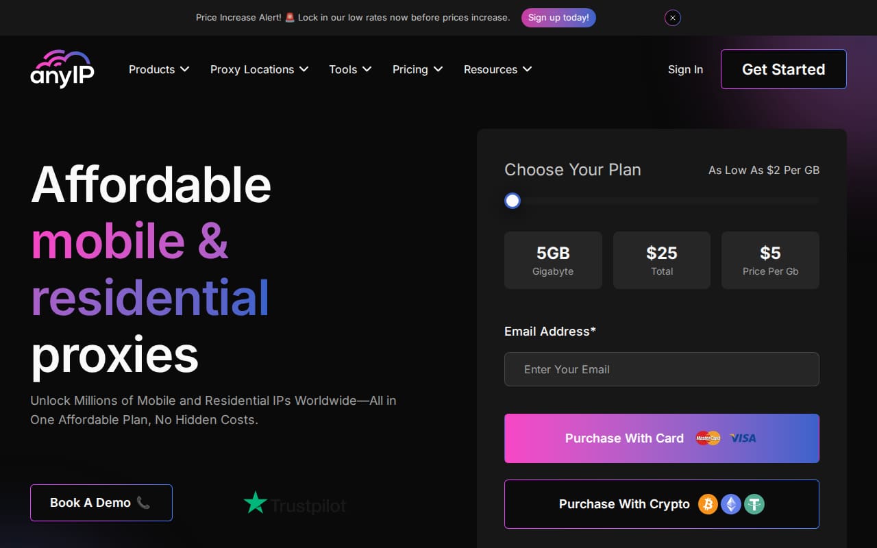 Homepage headline 'Affordable mobile & residential proxies' beside a plan picker showing 5GB for $25