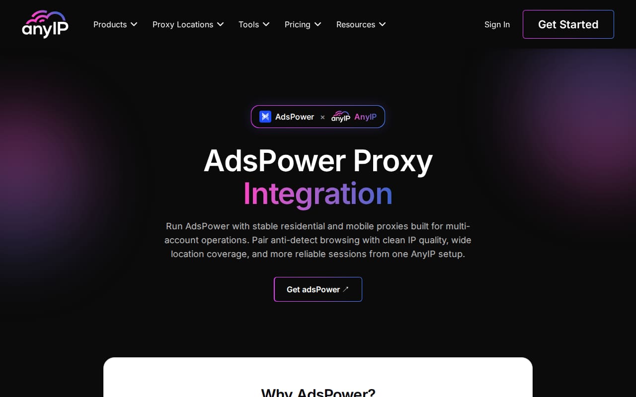 AdsPower proxy integration page with a Get AdsPower button