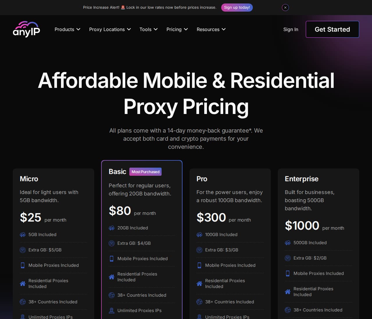 Pricing page with Micro, Basic, Pro and Enterprise plan cards from $25 to $1,000 a month