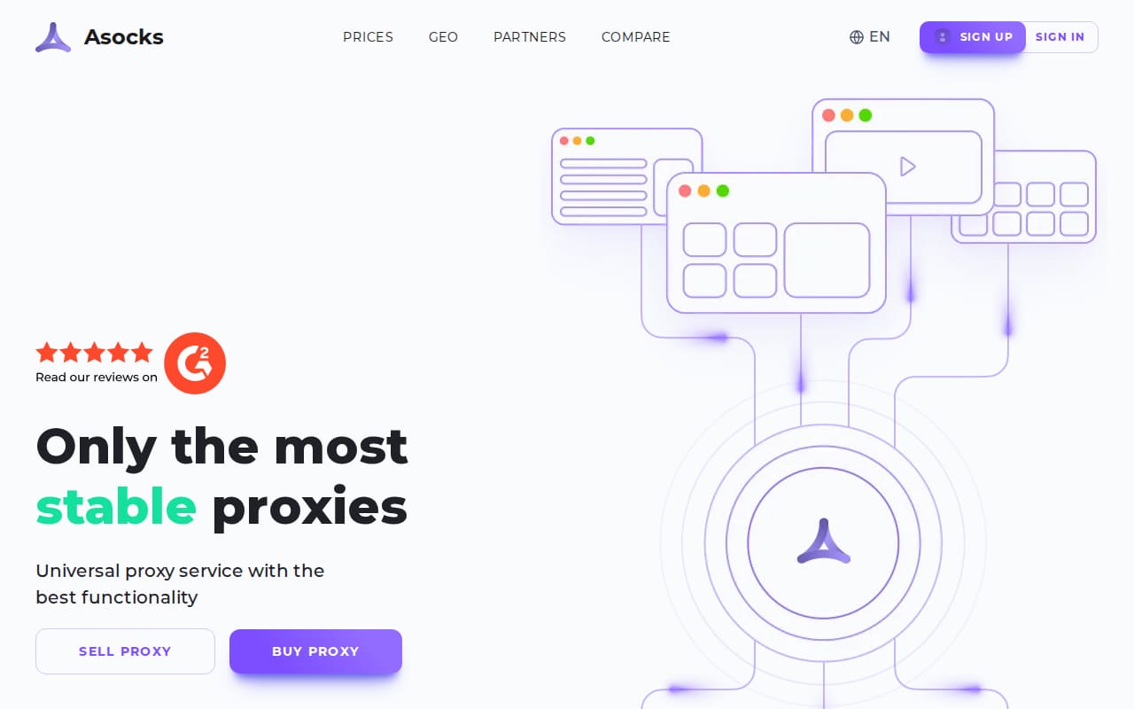 Homepage headline 'Only the most stable proxies' with a G2 rating badge and Buy proxy button