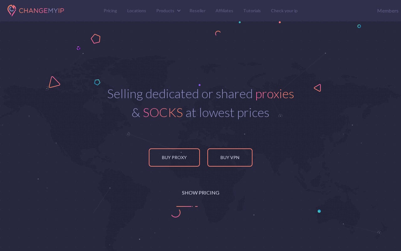 Homepage headline 'Selling dedicated or shared proxies & SOCKS at lowest prices' with Buy proxy and Buy VPN buttons