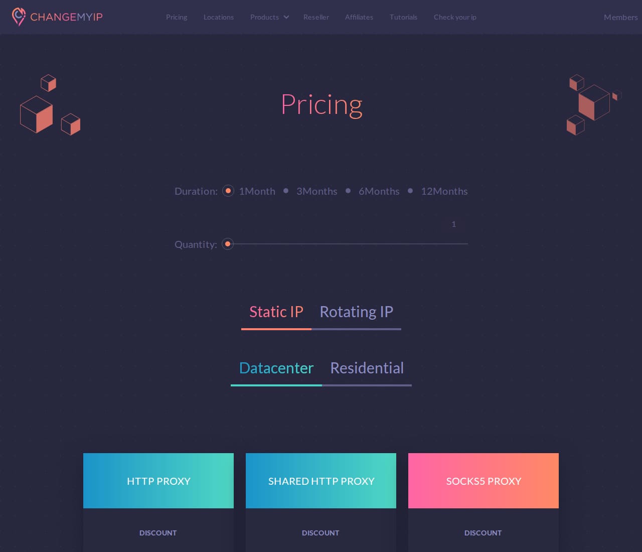 Pricing page with duration and quantity selectors, static or rotating and datacenter or residential tabs, and product cards