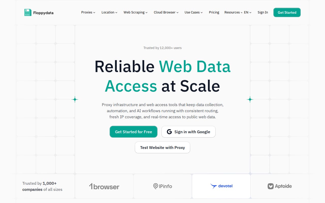 Homepage headline 'Reliable Web Data Access at Scale' with Get Started for Free and Test Website with Proxy buttons