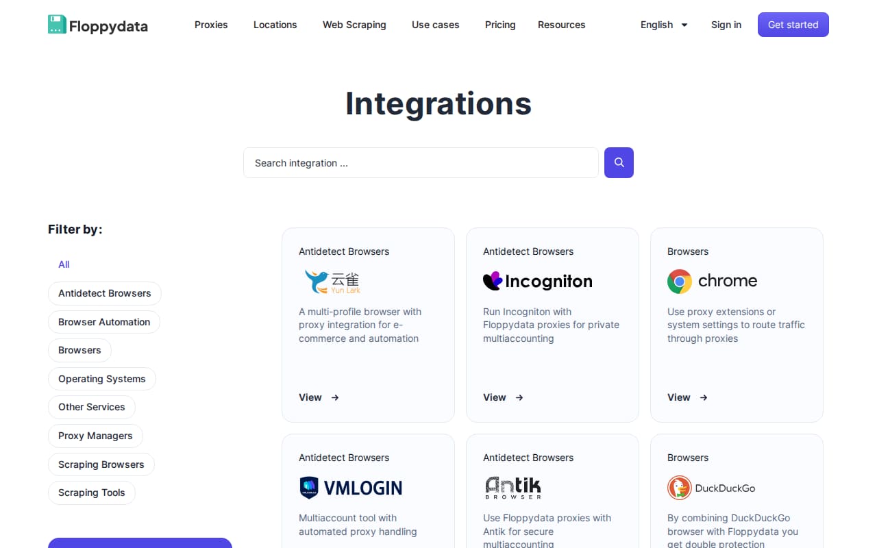 Integrations directory with filters and tiles for iOS, Marketer Browser, Incogniton, GeeLark, DICloak and AQUM