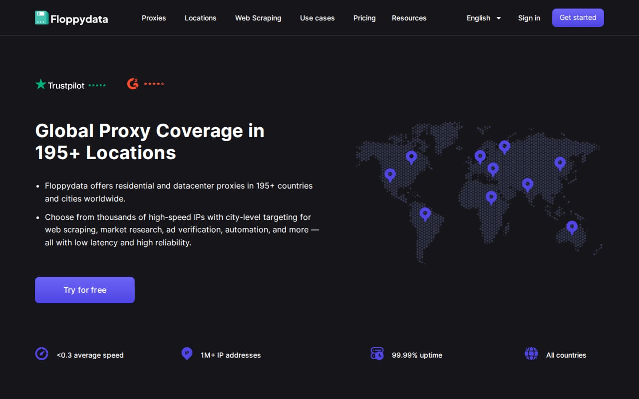 Locations page headed 'Global Proxy Coverage in 195+ Locations' beside a world map