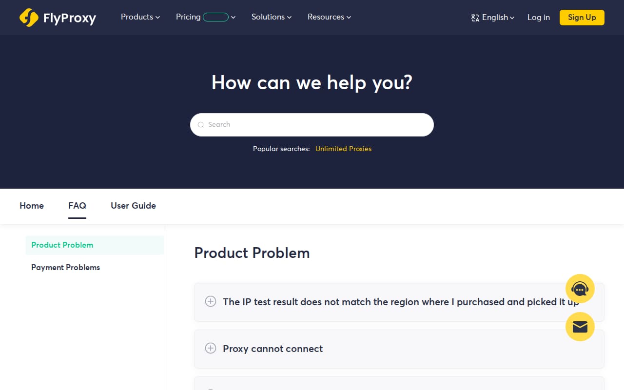 Help centre with a search box and FAQ categories for product and payment problems