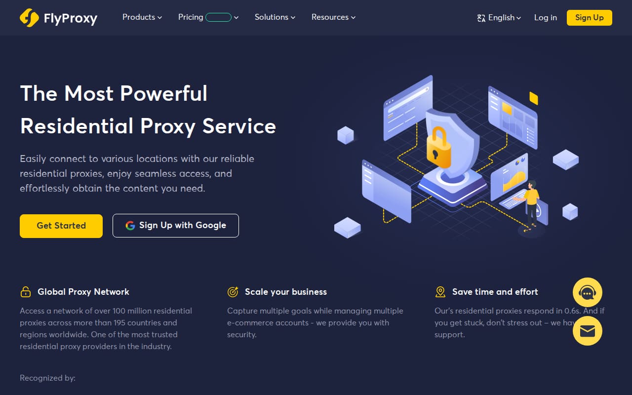 Homepage headline 'The Most Powerful Residential Proxy Service' above tiles for the network, scaling and response time