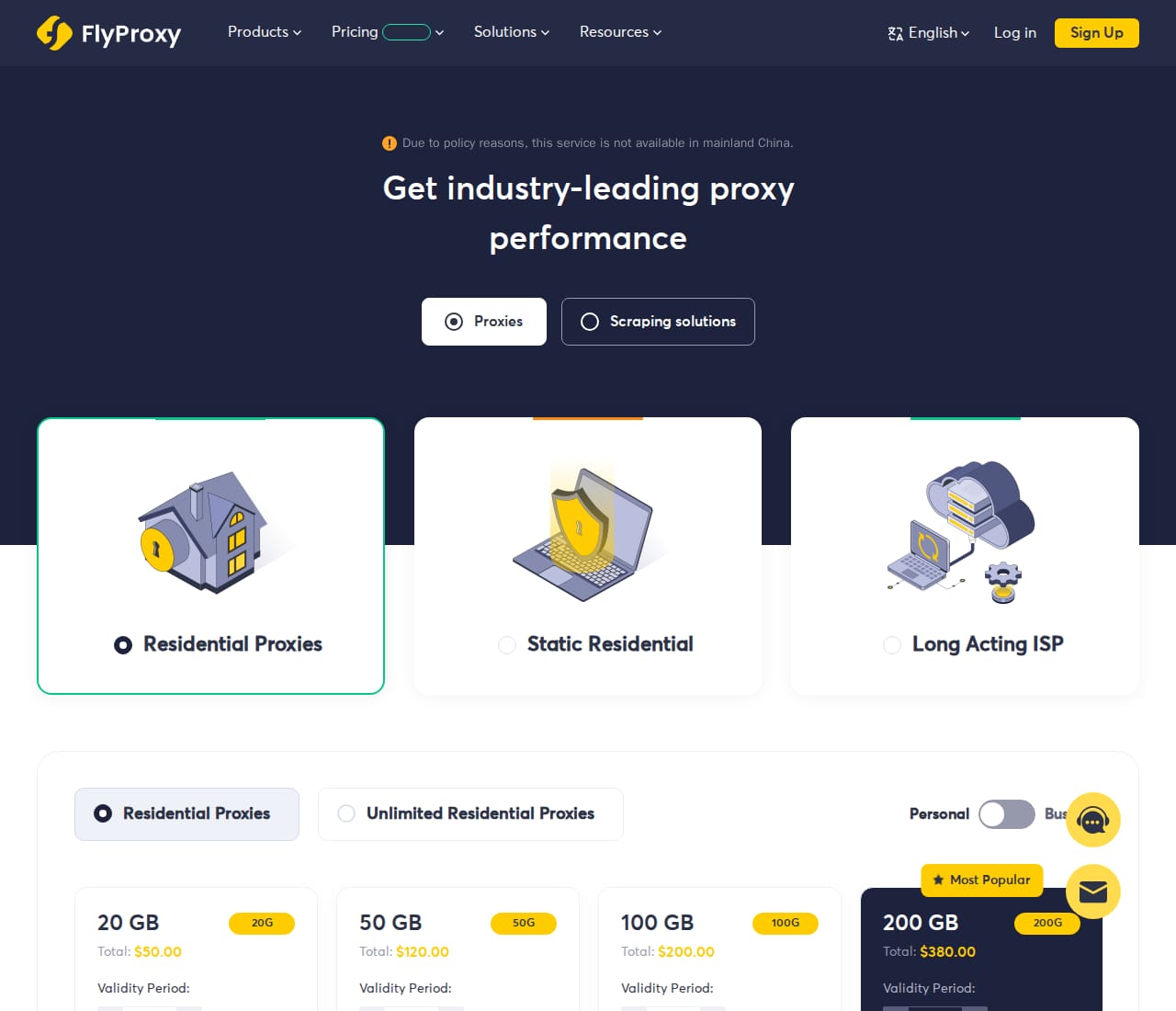 FlyProxy pricing page