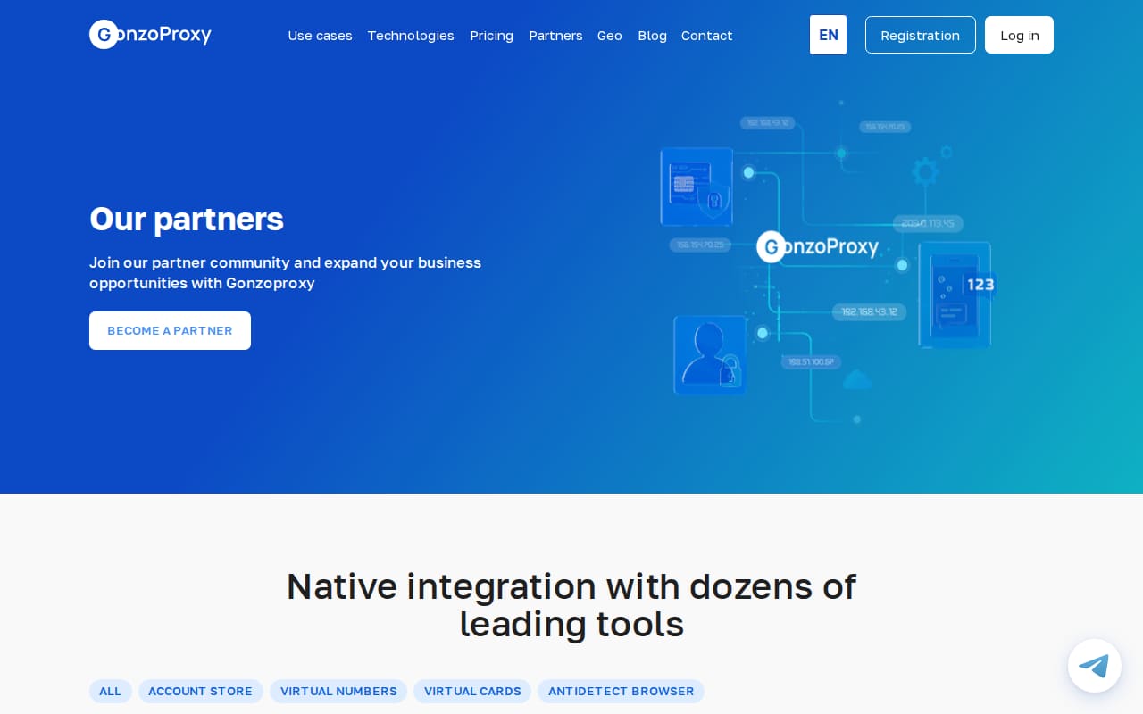 Partners page with a 'Become a partner' button and the heading 'Native integration with dozens of leading tools'