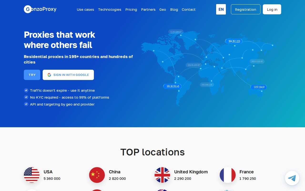 Locations page headed 'Proxies that work where others fail' above a top-locations list with IP counts for the USA, China, the UK and France