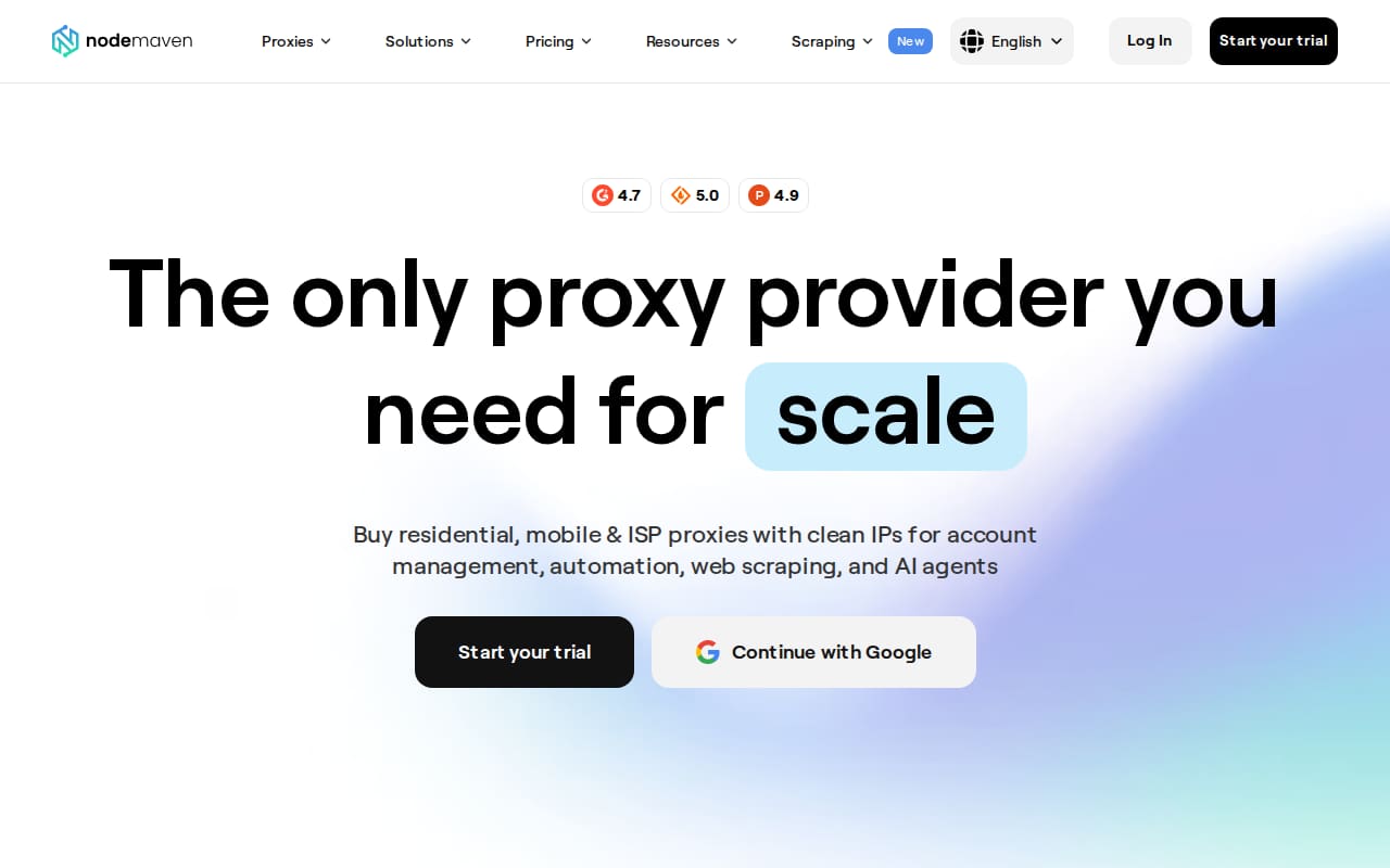 Homepage headline 'The only proxy provider you need for scale' with review badges and a Start your trial button