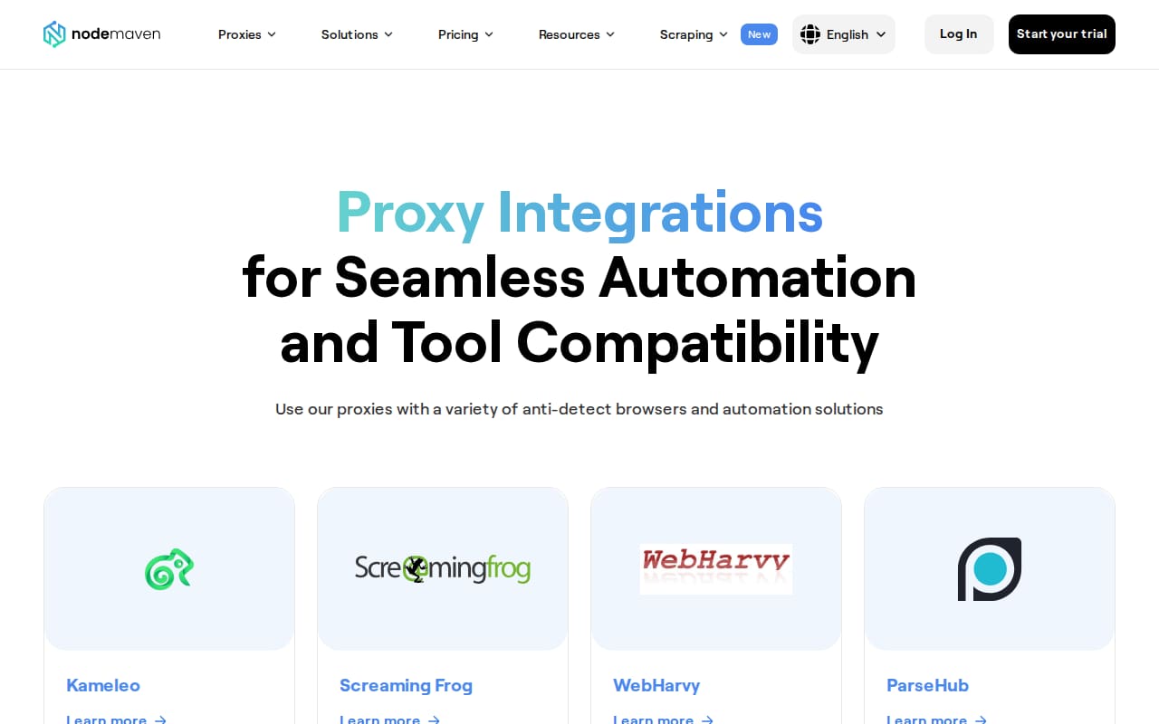 Integrations page with tiles for Kameleo, Screaming Frog, WebHarvy and ParseHub