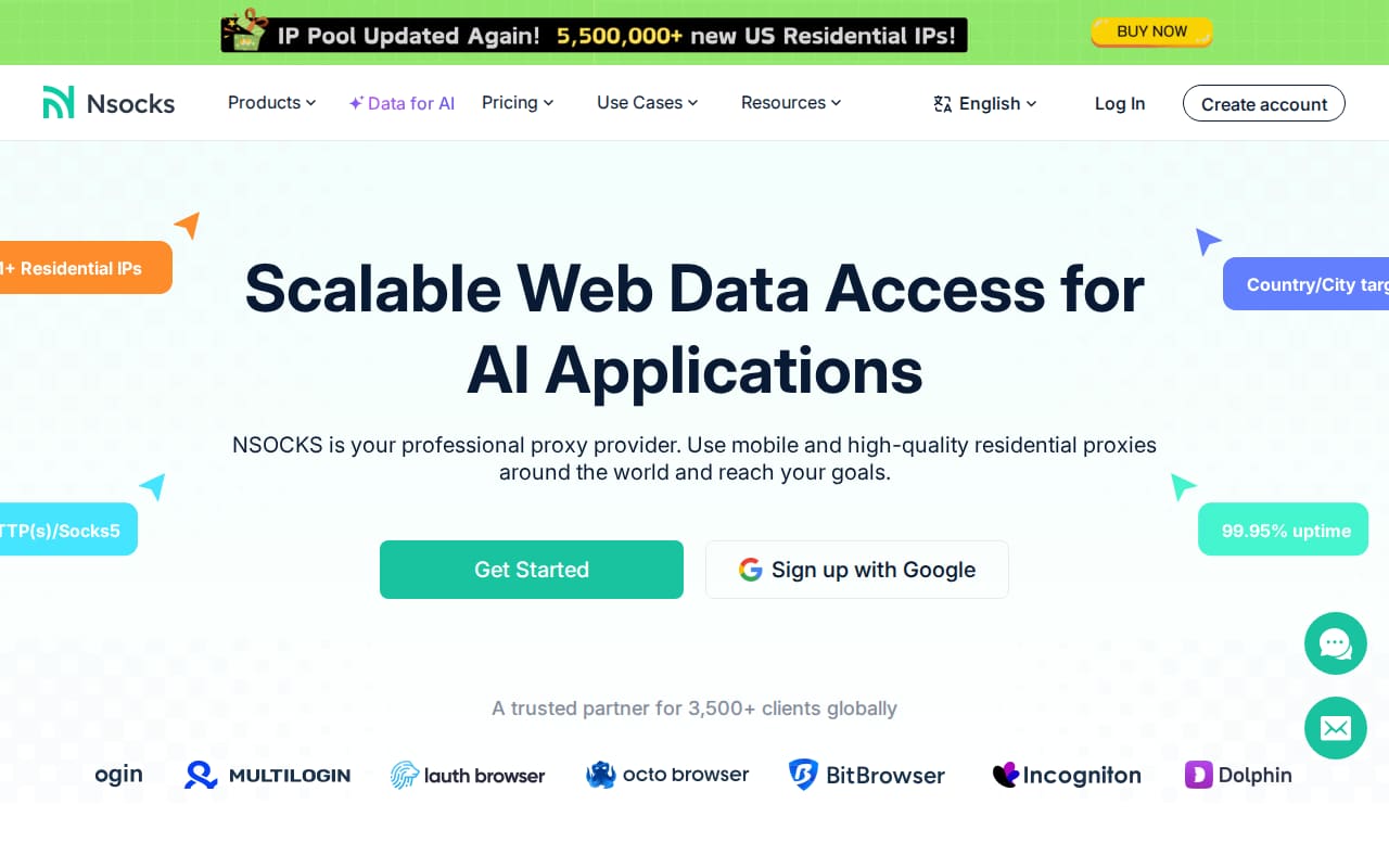 Homepage headline 'Scalable Web Data Access for AI Applications' above a strip of anti-detect browser partner logos