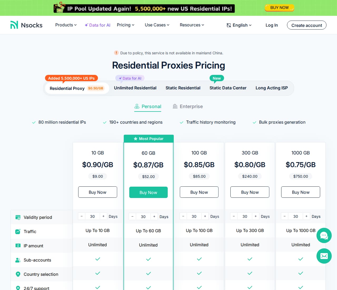 Residential Proxies Pricing page with GB tiers from 10 GB and a feature comparison grid