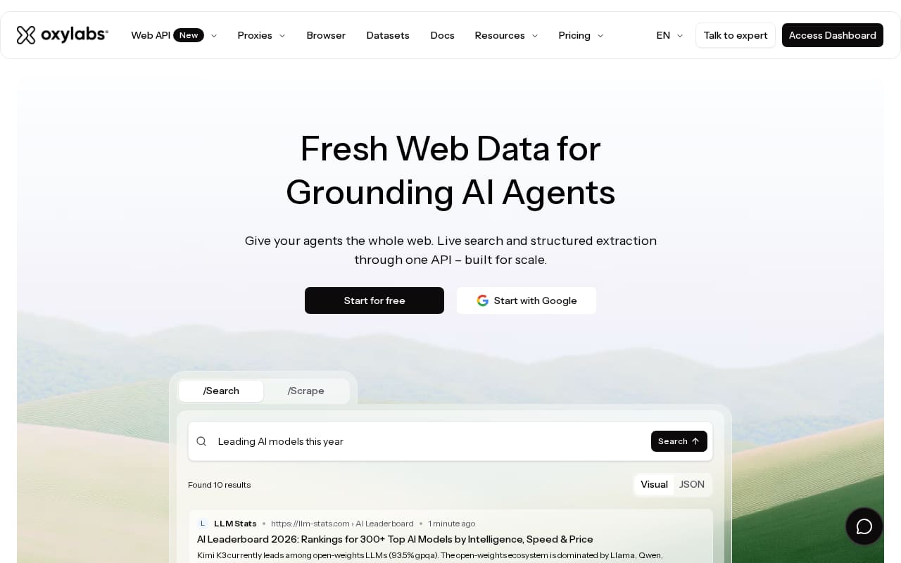 Homepage headline 'Fresh Web Data for Grounding AI Agents' above a search demo
