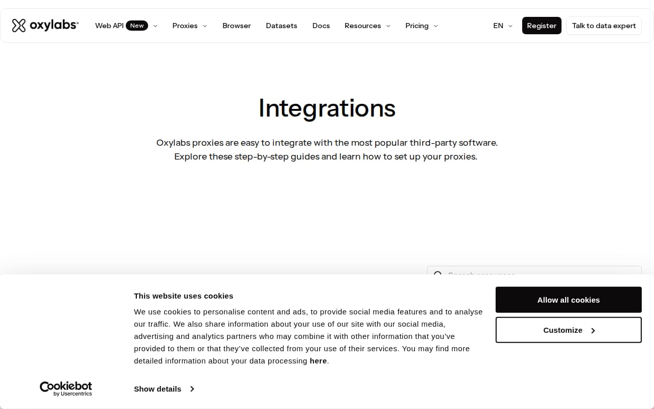 Integrations page with tiles pairing the Oxylabs mark with third-party tool logos