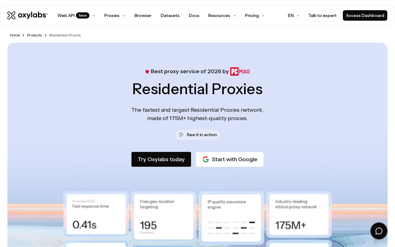 Residential Proxies page with headline figures for response time, 195 locations and 175M+ IPs