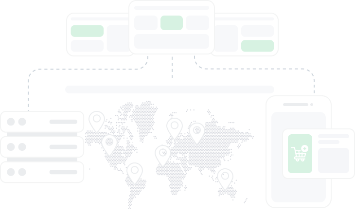 Illustration of a world map with location pins, linked to server racks and a shop page