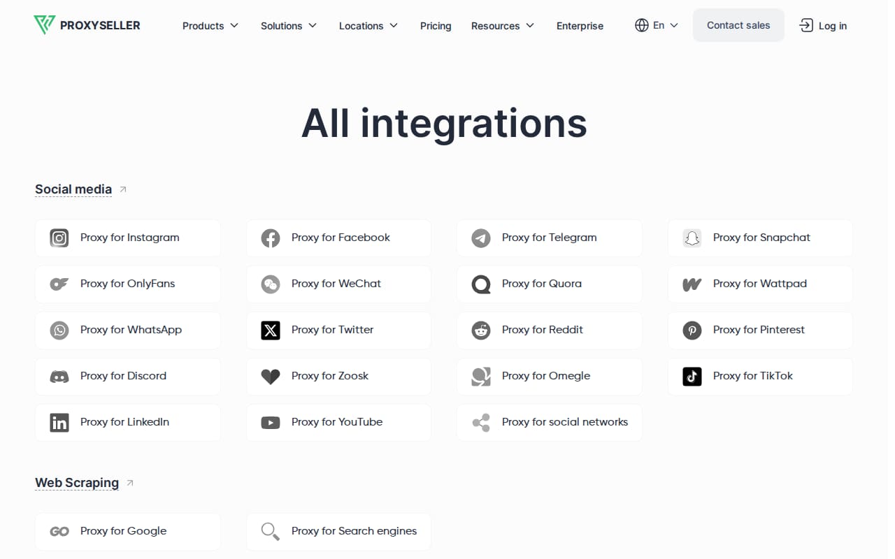 Integrations page listing proxy use cases by social network and scraping target