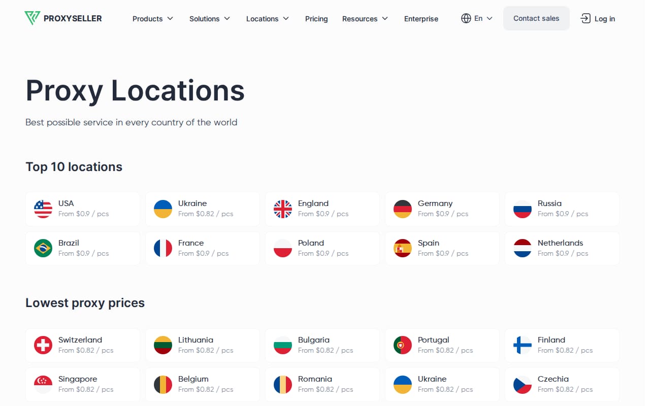 Locations page showing the top ten countries with flags and per-IP starting prices