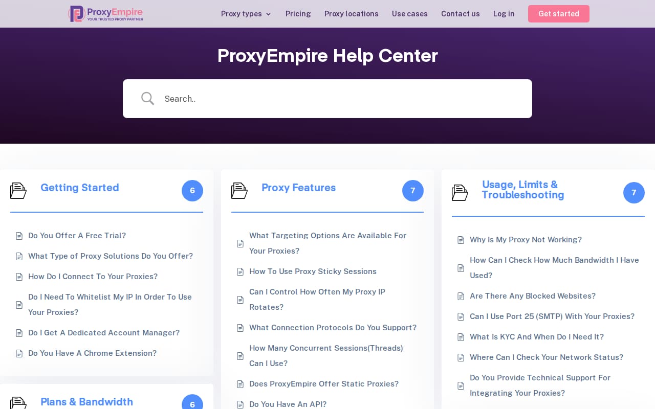 Help Center with a search box and article lists for getting started, proxy features and usage limits