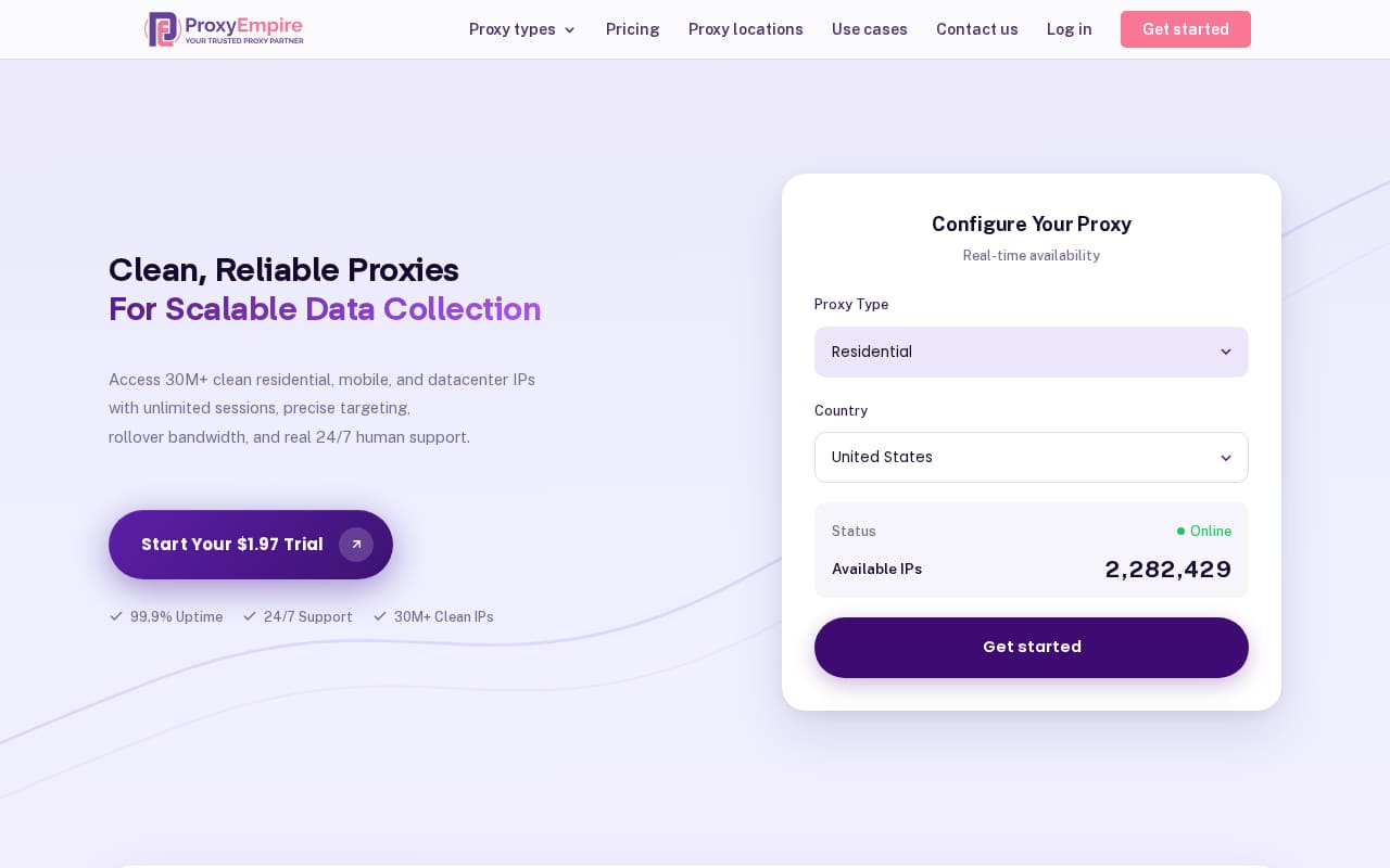 Homepage headline 'Clean, Reliable Proxies For Scalable Data Collection' beside a proxy configuration form