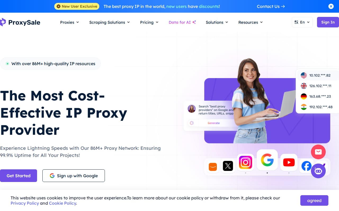 Homepage headline 'The Most Cost-Effective IP Proxy Provider' with an 86M+ IP badge and Get Started button