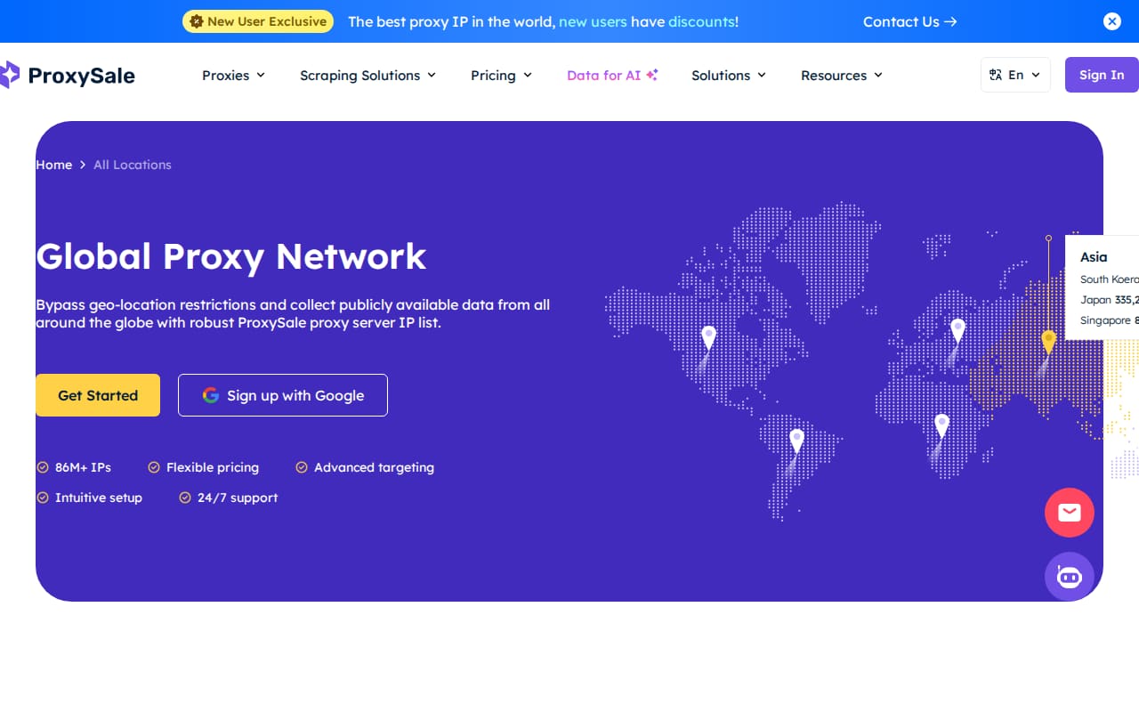 Locations page headed 'Global Proxy Network' over a world map with location pins