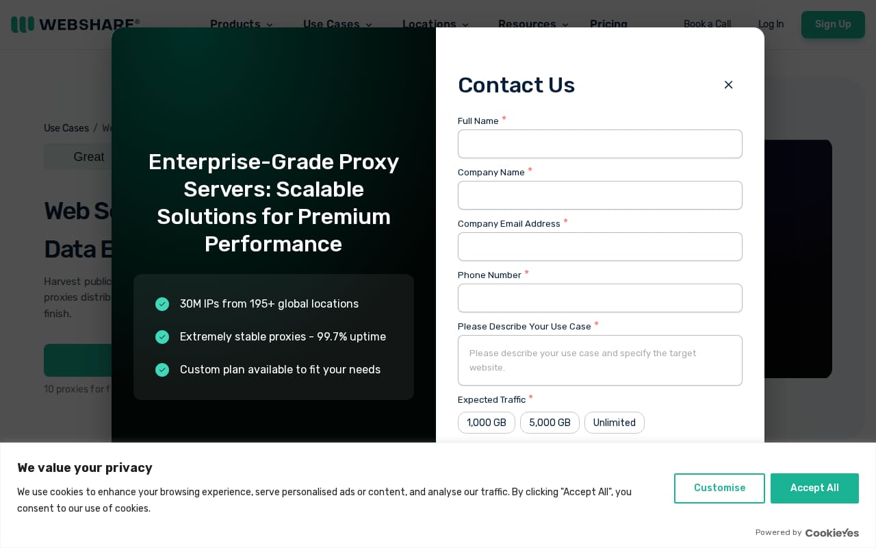 Web scraping and data extraction use-case page with a Trustpilot rating strip and a Try Now button