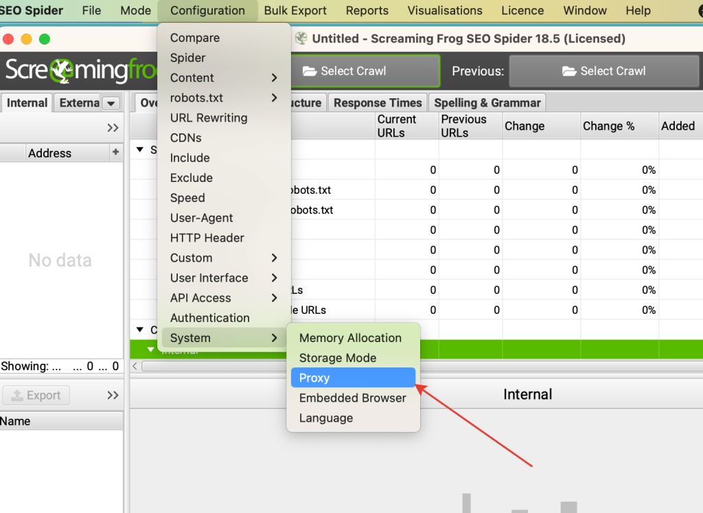 Proxy configuration menu